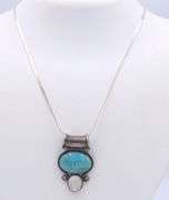 Vintage 925 sterling silver signed Turquoise pendant on herringbone chain necklace