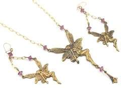 Set of Vintage brass Pididdly links fairy necklace and dangle earrings