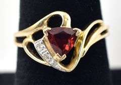 Fetching 10K Yellow Gold Red Garnet Gemstone and Diamond Ring