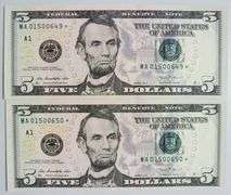 (2) Superb Crisp 2013 $5 Star Replacement Notes Boston Consecutive!