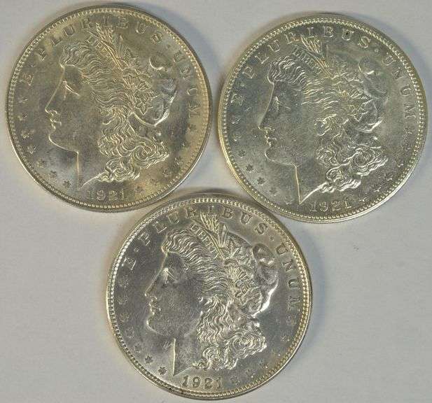 Choice & lustrous 1921-P-D-S Morgan Silver Dollars. Flashy