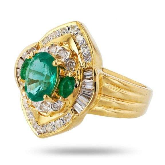 18K YELLOW GOLD EMERALD AND DIAMOND RING 1.59 C.T.W.