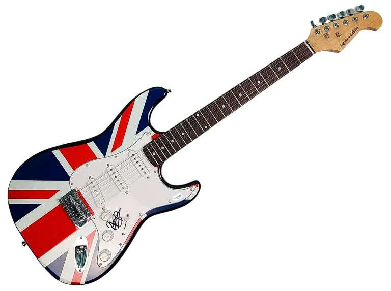 Def Leppard Rick Savage Autographed British Flag Graphics Guitar ACOA