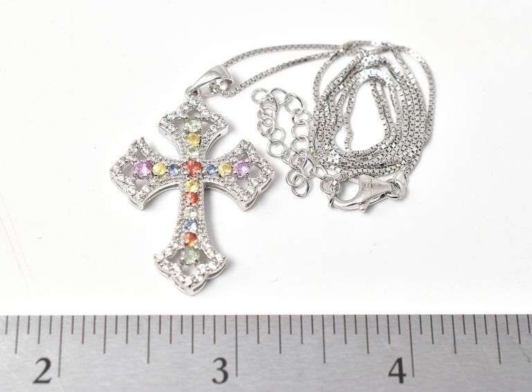 Multi Colored Gemstone Cross Necklace in Sterling Silver 7.3grams 18inch