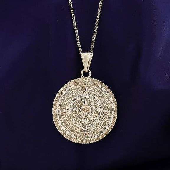 Mayan Sun Calendar Pendant Necklace 14K Gold
