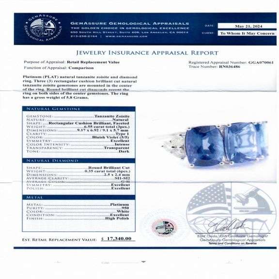 PLATINUM TANZANITE AND DIAMOND RING 6.90 C.T.W.