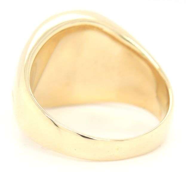 14kt Yellow Gold oval Shaped Black Enamel Cross Diamond Halo Ring. Total weight of Ring 9.10 Grams. 