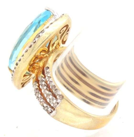 Enamoring Massive 12.84CTS Marquise Trillion Cut Blue Topaz & Diamond Ring in 14K Yellow Gold over 9
