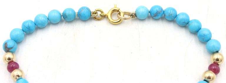 Turquoise, ruby and gold bead bracelet