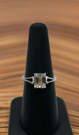 14 Kt White Gold Plated 2.25 Ct Emerald Cut Moissanite Ring