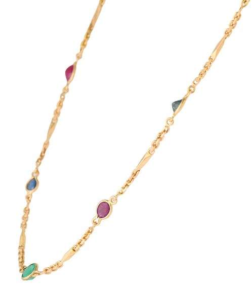 Ruby Sapphire and Emerald Bezel Set Station Necklace in 14K
