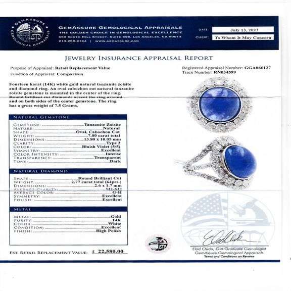 14K WHITE GOLD TANZANITE AND DIAMOND RING 10.57 C.T.W.