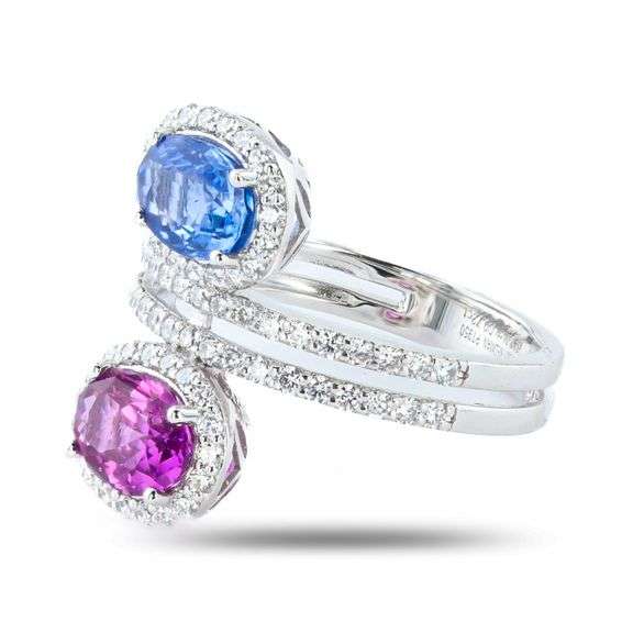 PLATINUM PURPLE PINK AND BLUE SAPPHIRE AND DIAMOND RING 3.73 C.T.W.