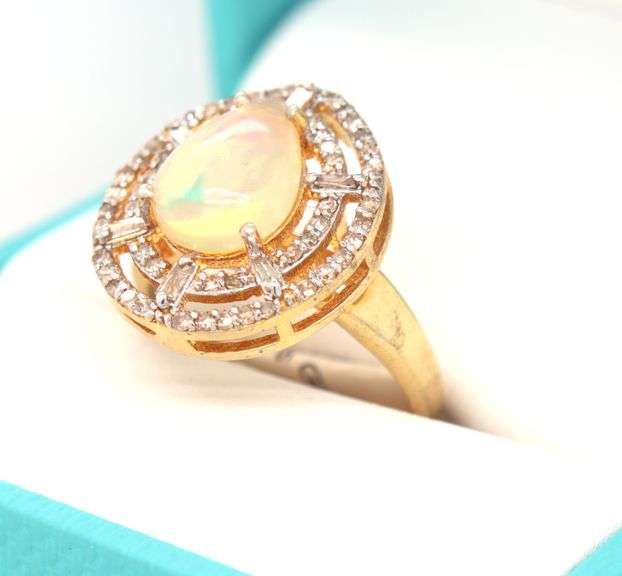 Amazing 1.90CTS Pear Shaped Cabochon-Cut Opal W/ Fire & Diamond Ring in 14K Yellow Gold Over Sterlin