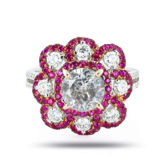 18K WHITE AND ROSE GOLD H COLOR I CLARITY DIAMOND AND RUBY RING 3.09 C.T.W.