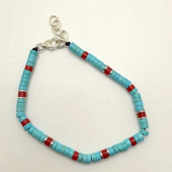Hand made European Turquoise and gem stone silver braclet. Size 7"