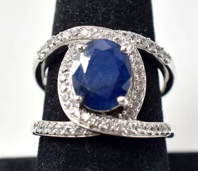 Blue Sapphire Ring with Clear Accents in Sterling Silver 9.8grams Size 8.5