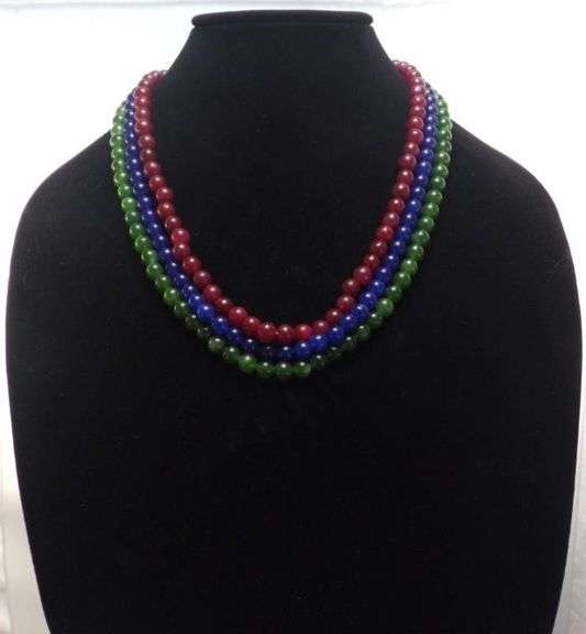 Beautiful 3 Strand 665.5 Cttw Natural Ruby, Emerald and Blue Sapphire Bead Necklace