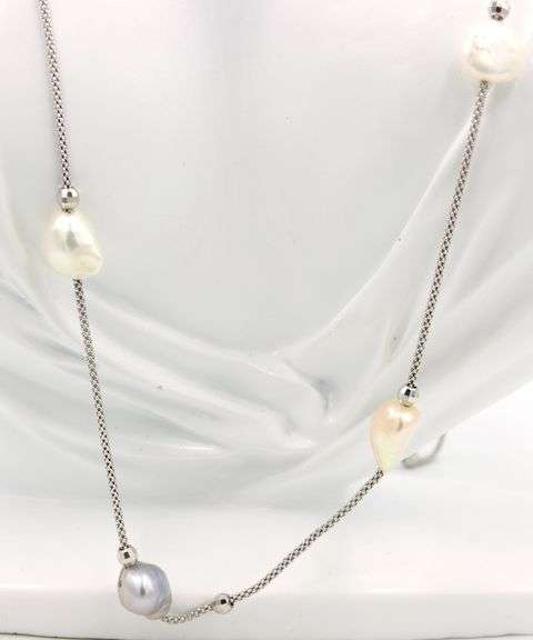 Frederic Duclos pearl and sterling silver station necklace
