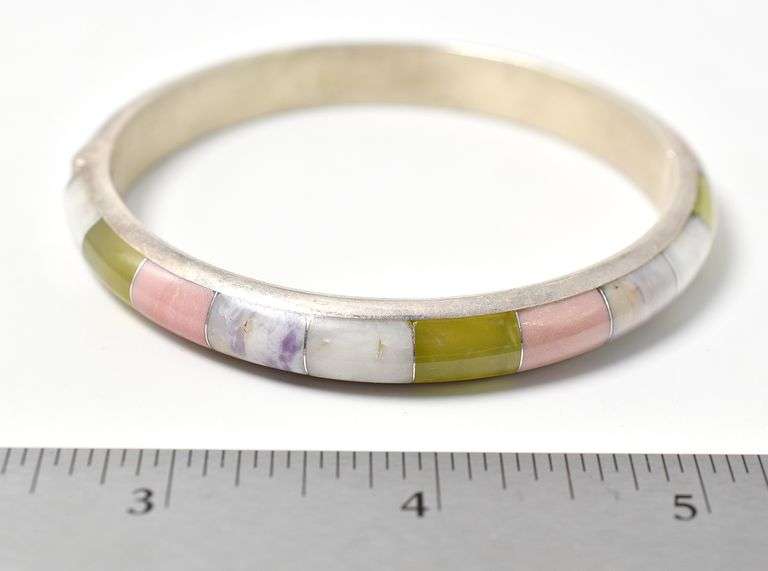 Multi Gemstone Hinged Bangle Bracelet in Sterling Silver 36.8 grams.