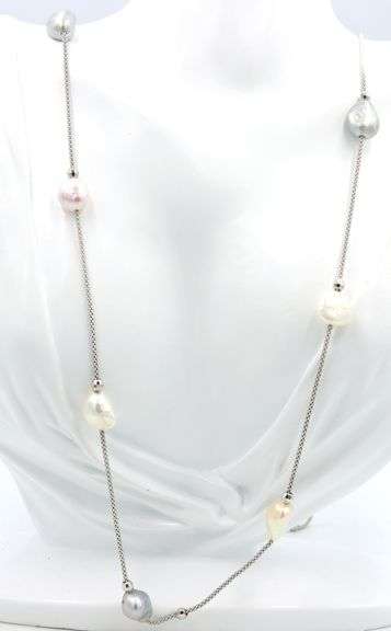 Frederic Duclos pearl and sterling silver station necklace