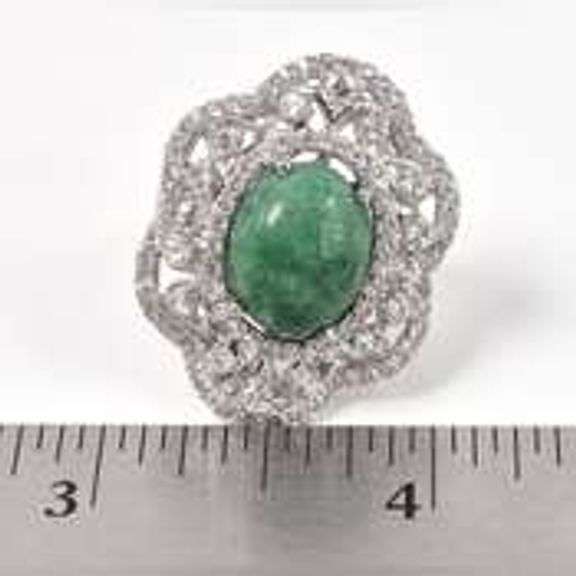 Stunning 7.75CTS Oval Cabochon-Cut Natural Emerald & 2.35CTW White Sapphire Gemstone Ring in Sterlin