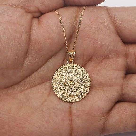 Mayan Sun Calendar Pendant Necklace 14K Gold