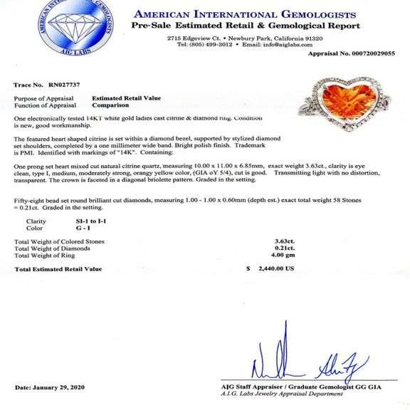 14K WHITE GOLD HEART SHAPED CITRINE AND DIAMOND RING 3.84 C.T.W.