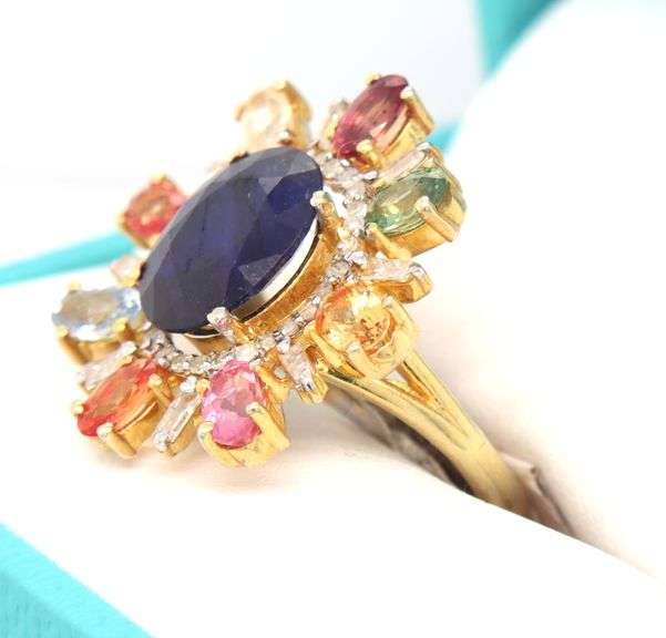 Enchanting Oval Shaped Blue Sapphire, Diamond & Multi Color Sapphire Ring in Sterling Silver