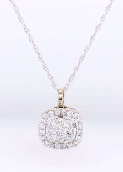 10kt White gold cluster diamond halo pendant on chain necklace
