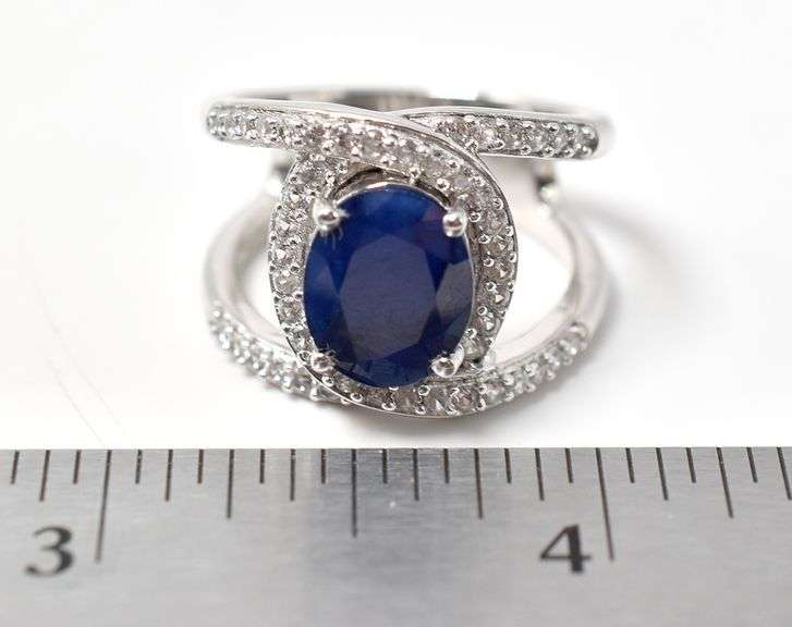 Blue Sapphire Ring with Clear Accents in Sterling Silver 9.8grams Size 8.5