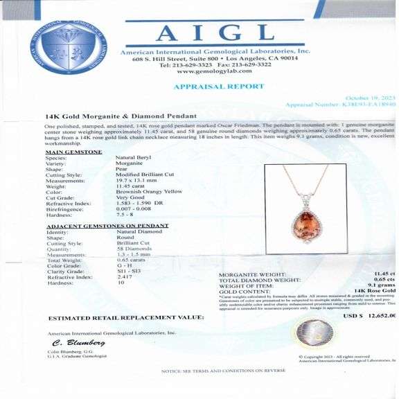 14K ROSE GOLD MORGANITE AND DIAMOND PENDANT 12.10 C.T.W.