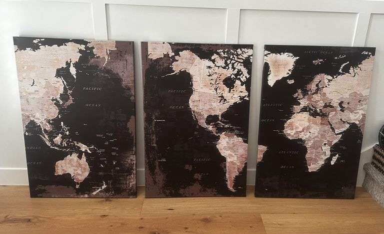 Set of 3 World Map Wall Art Framed Canvas