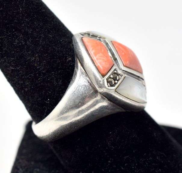 Spiny Oyster, Mother of Pearl and Marcasite Gemstone Ring in Sterling Silver