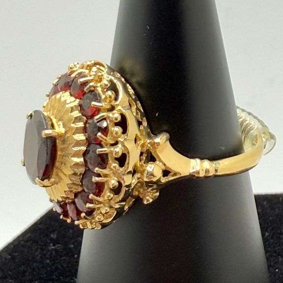 18kt Yellow Gold Oval Garnet & Halo Garnet Ring