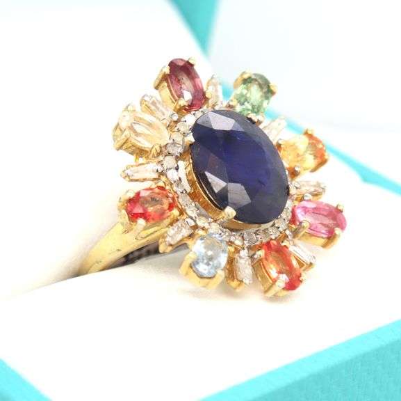 Enchanting Oval Shaped Blue Sapphire, Diamond & Multi Color Sapphire Ring in Sterling Silver