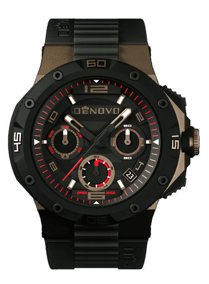 DeNovo Swiss Made men’s watch, 100m Water resistance, Rubber strap with extra leather strap