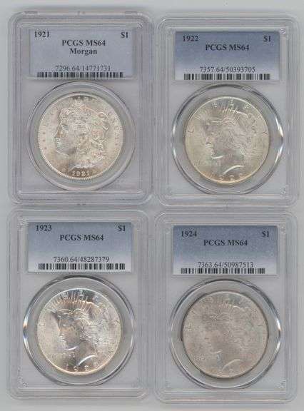 Near Gem BU 1921 Morgan & 1922 to 1924 Peace Silver Dollars. PCGS MS64