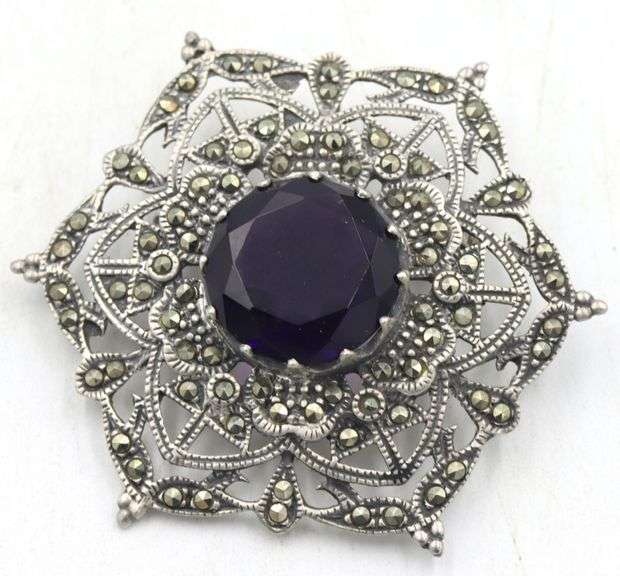 Vintage 925 sterling silver amethyst brooch pendant