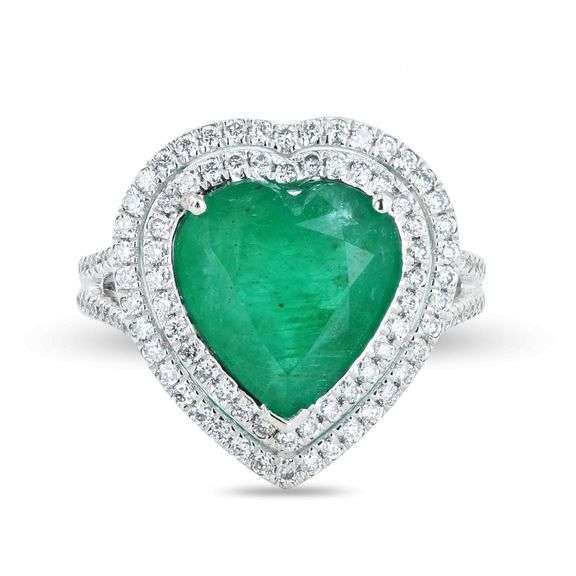 PLATINUM HEART SHAPED EMERALD AND DIAMOND RING 4.95 C.T.W.