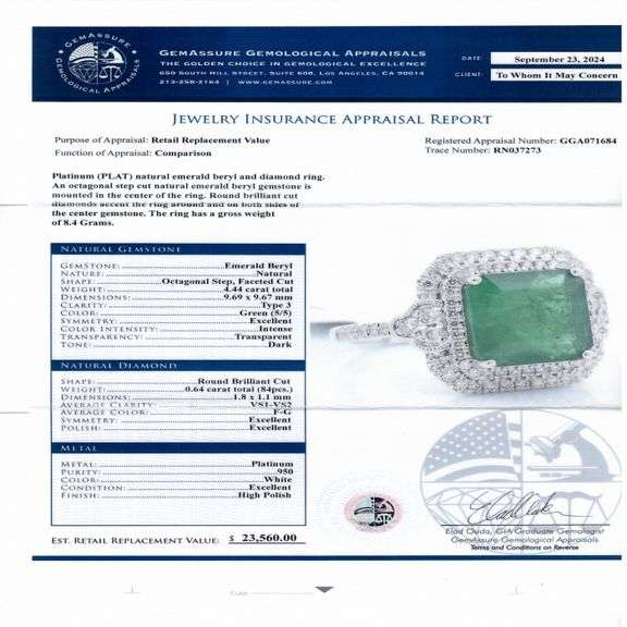 PLATINUM EMERALD AND DIAMOND RING 5.08 C.T.W.