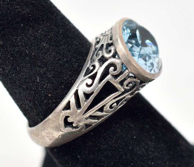 Oval Cut Light Blue Gem Ring With Detailed Housing in Sterling Silver 7grams Size 6.5