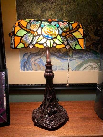 Dragonfly Tiffany Style Stained Glass Banker Desk Lamp