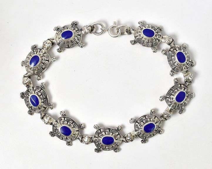 Turtle Link Bracelet with Blue Stones in Sterling Silver 20.3grams