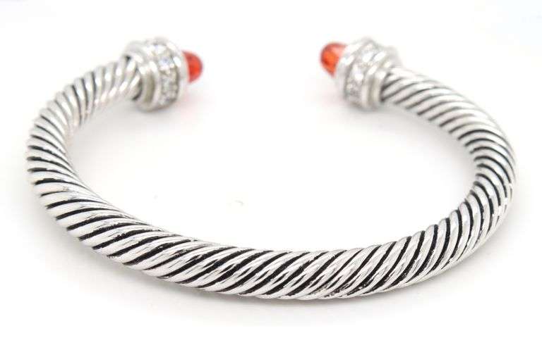 925 Sterling silver Cabel classic cuff bangle with with and red CZ