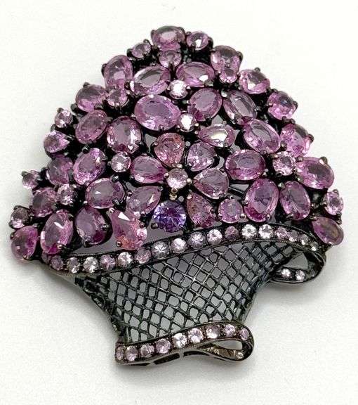 Hand made Italian 18kt  black gold with over 18cttw natural pink and purple sapphire floral arrangem