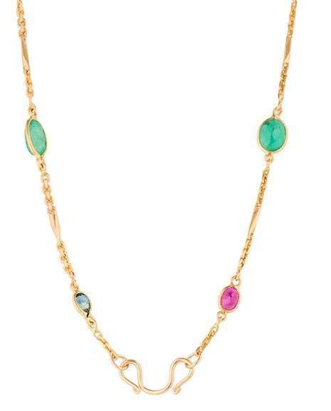 Ruby Sapphire and Emerald Bezel Set Station Necklace in 14K