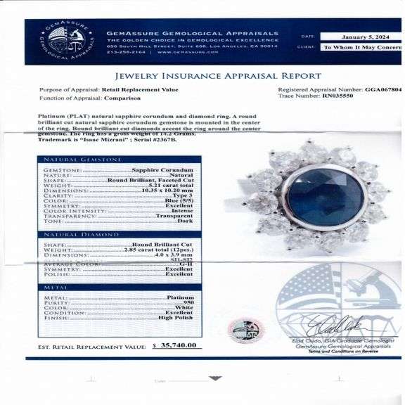PLATINUM BLUE SAPPHIRE AND DIAMOND RING 8.06 C.T.W.