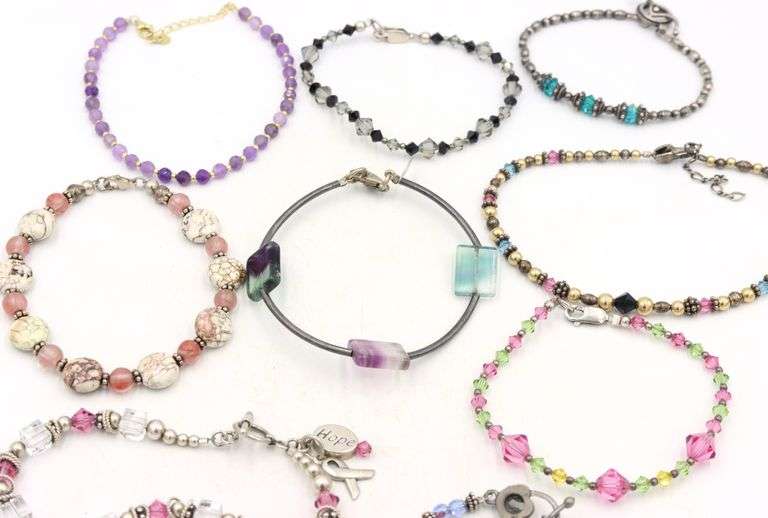 Group lot of 9 Vintage 925 sterling silver crystal beads bracelets