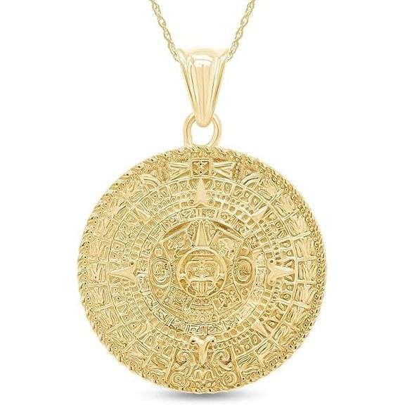 Mayan Sun Calendar Pendant Necklace 14K Gold